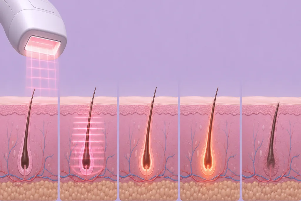 Illustration showing laser energy targeting hair follicles through growth stages