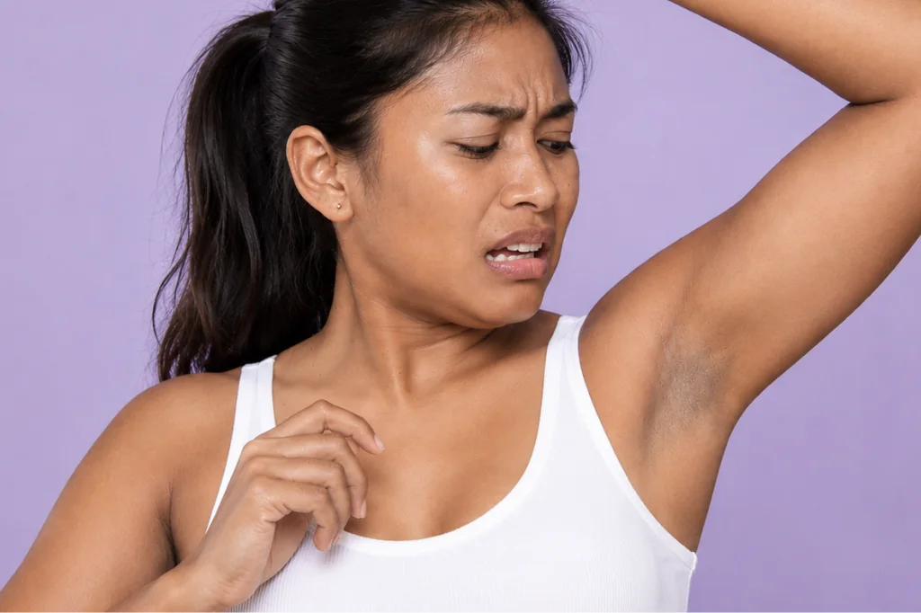 Woman concerned about underarm hair and skin sensitivity