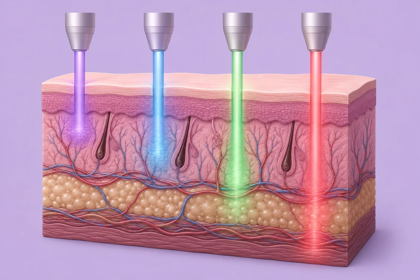 Illustration of four laser wave types reaching different parts of hair follicles