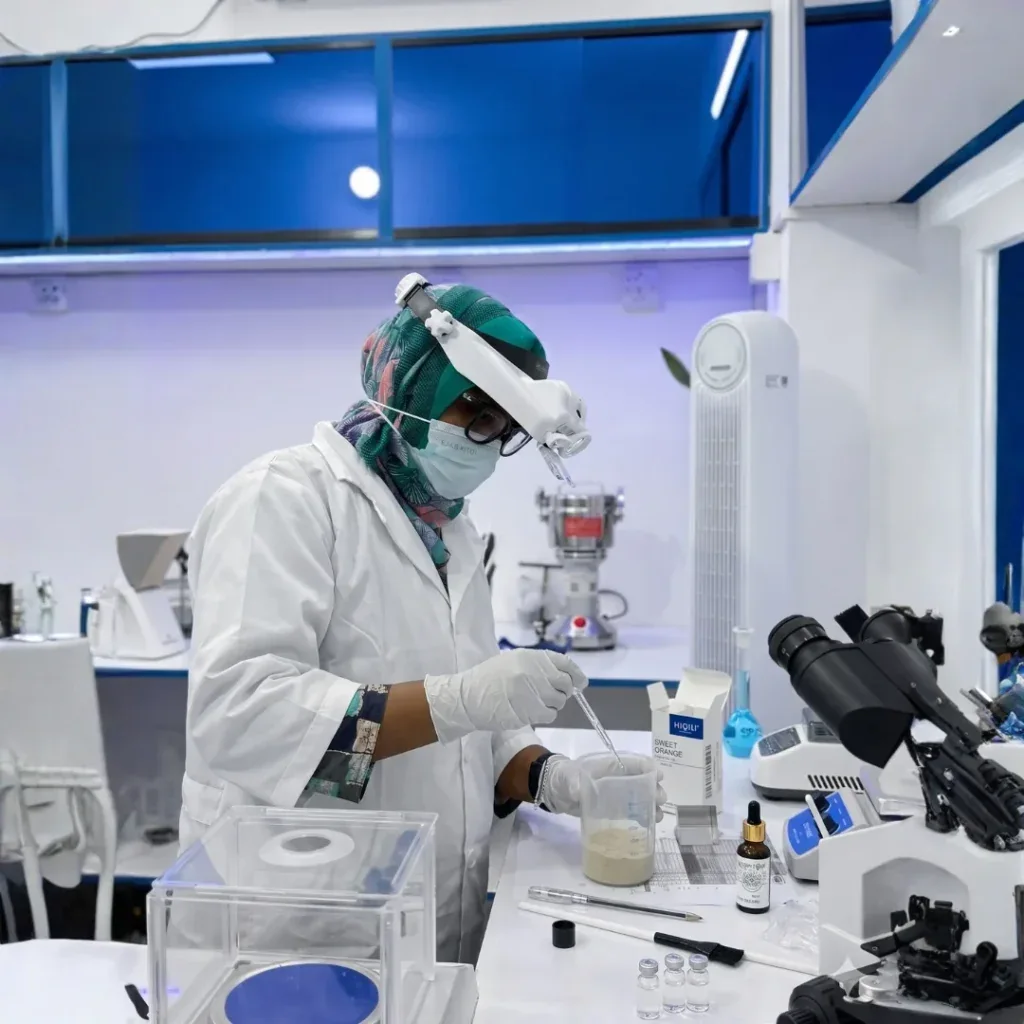 SkinStation laboratory professional working with treatment formulations